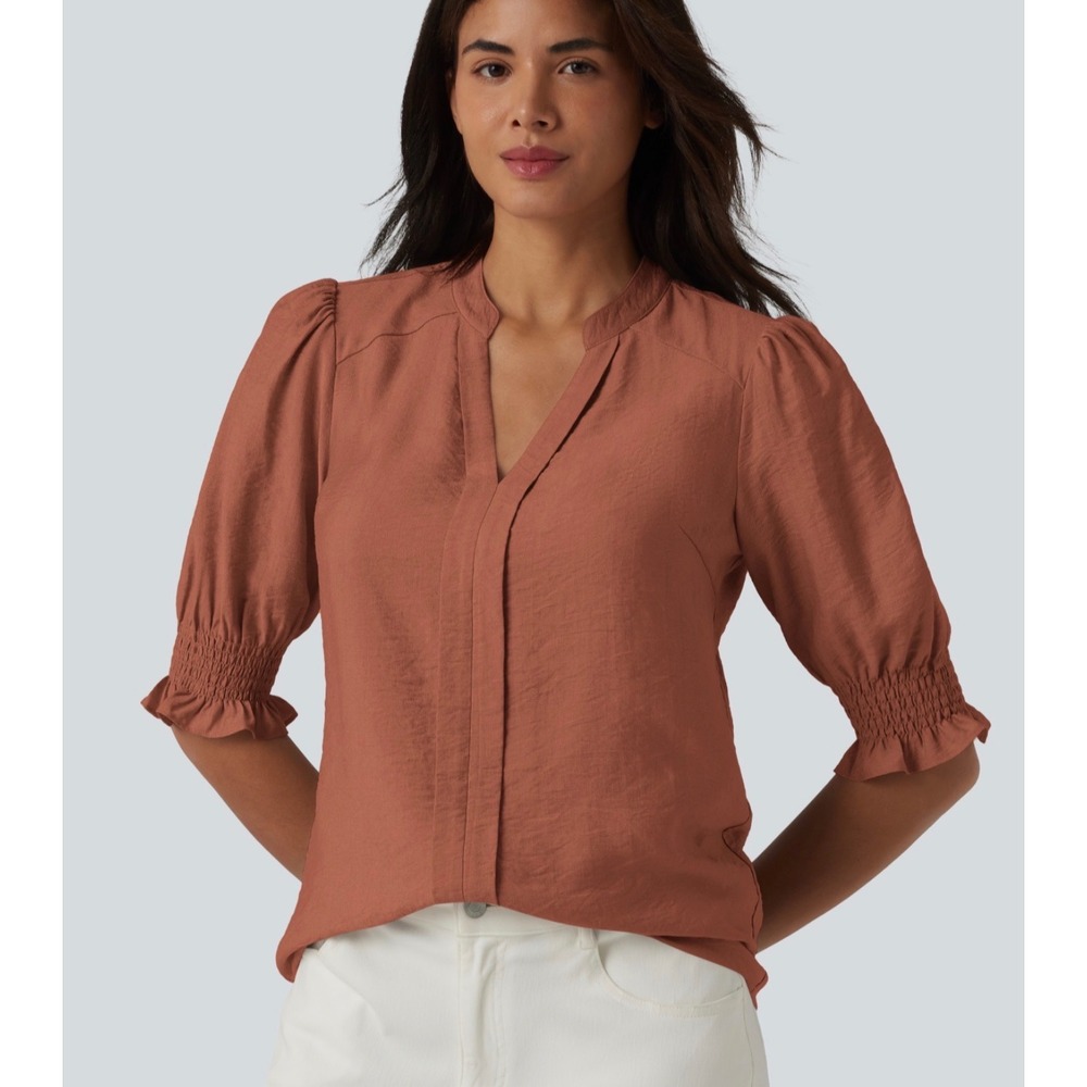 Halara V Neck Puff Short Sleeve Casual Blouse Rust Orange Medium NWT